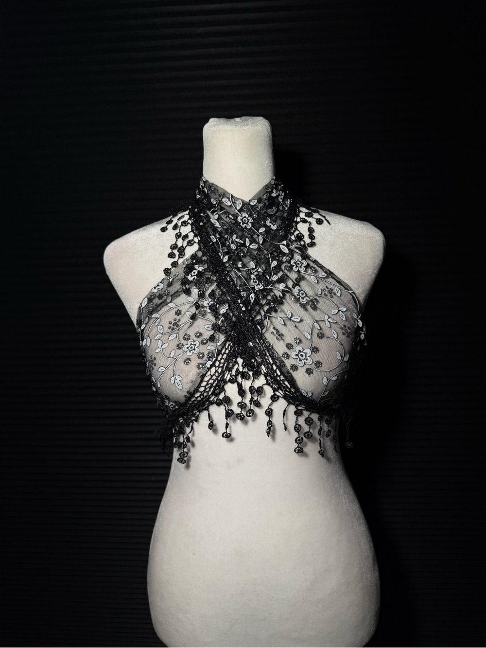 HandMade Sheer Black Embellished Halter Crop Top